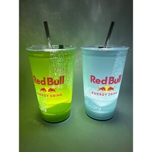 Red Bull LED Light Up Tumbler Set of 2 Green Blue Glow Cups Stainless Straws